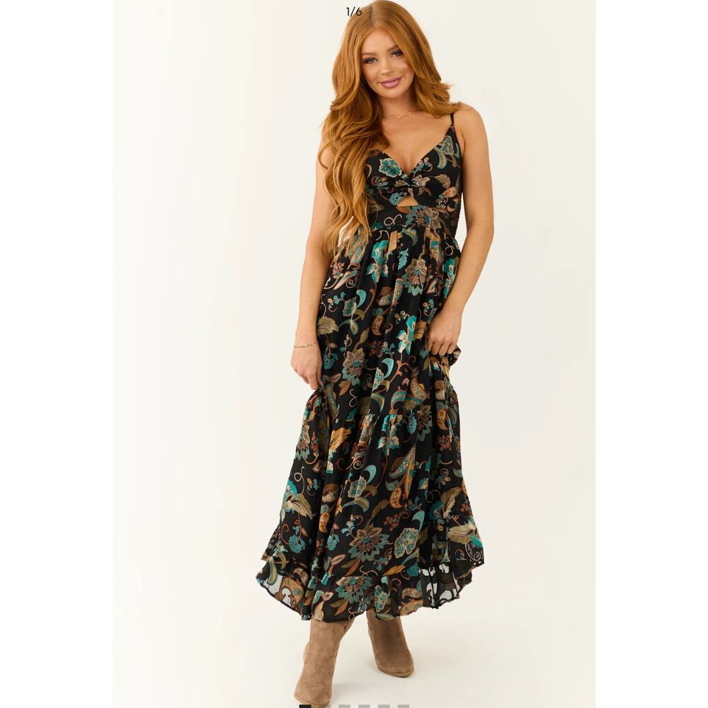 Angie Green Paisley Pattern Cut Out Maxi Dress